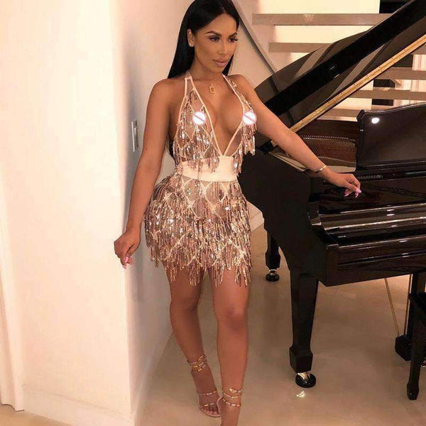 Planet Gates Autumn Sequined Dress Backless Bandage Women Dress Sexy Spaghetti Strap Party Dresses Bodycon V Neck Sleeveless Elegant Vestidos