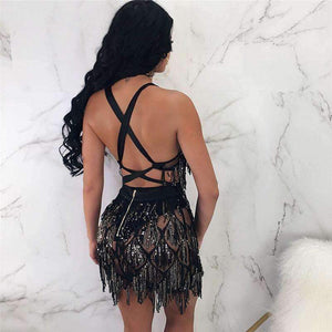 Planet Gates Autumn Sequined Dress Backless Bandage Women Dress Sexy Spaghetti Strap Party Dresses Bodycon V Neck Sleeveless Elegant Vestidos