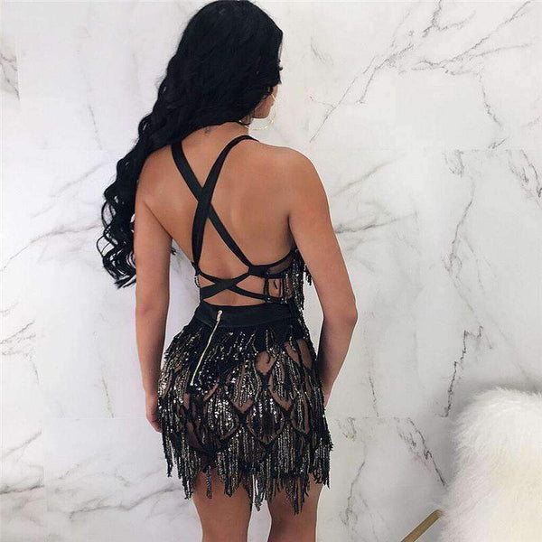 Planet Gates Autumn Sequined Dress Backless Bandage Women Dress Sexy Spaghetti Strap Party Dresses Bodycon V Neck Sleeveless Elegant Vestidos