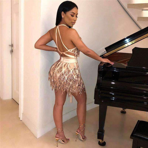 Planet Gates Autumn Sequined Dress Backless Bandage Women Dress Sexy Spaghetti Strap Party Dresses Bodycon V Neck Sleeveless Elegant Vestidos