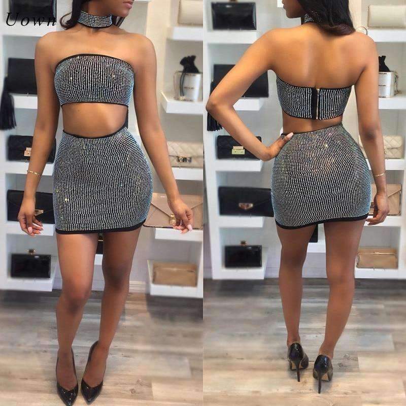 Planet Gates Autumn Sexy Two Piece Sets Women Fashion Party Club Wear Crystal Halter Crop Top and Bodycon Mini Skirt 2 Piece Dress Set