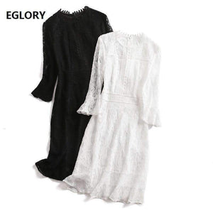 Planet Gates Autumn Style Lace Dress High Quality Women O-Neck Flare Sleeve Black White Cotton Lace Vintage Dress For Party Events