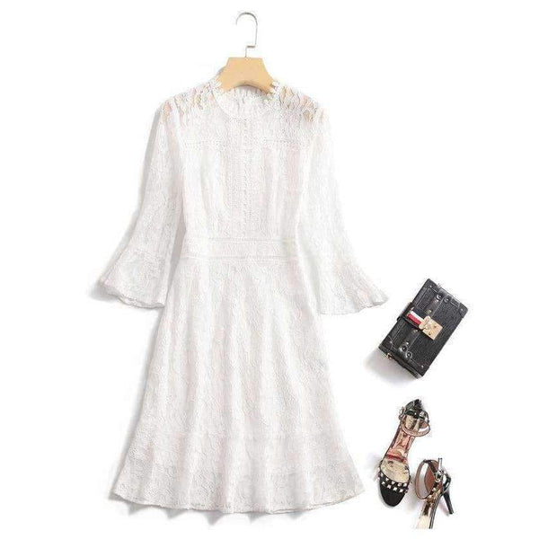 Planet Gates Autumn Style Lace Dress High Quality Women O-Neck Flare Sleeve Black White Cotton Lace Vintage Dress For Party Events