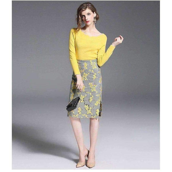 Planet Gates Autumn Winter 2 Piece Women Sets Solid Long Sleeve Sweater Hollow Out Lace Zipper Fly Skirts Elegant Slim Female Suit