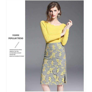 Planet Gates Autumn Winter 2 Piece Women Sets Solid Long Sleeve Sweater Hollow Out Lace Zipper Fly Skirts Elegant Slim Female Suit