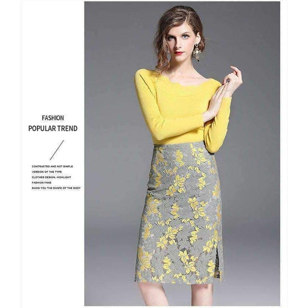 Planet Gates Autumn Winter 2 Piece Women Sets Solid Long Sleeve Sweater Hollow Out Lace Zipper Fly Skirts Elegant Slim Female Suit