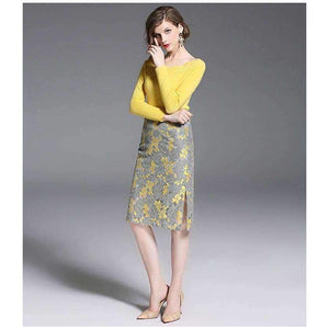 Planet Gates Autumn Winter 2 Piece Women Sets Solid Long Sleeve Sweater Hollow Out Lace Zipper Fly Skirts Elegant Slim Female Suit