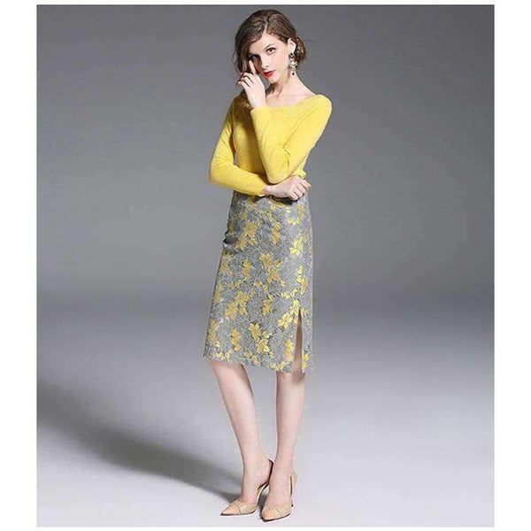 Planet Gates Autumn Winter 2 Piece Women Sets Solid Long Sleeve Sweater Hollow Out Lace Zipper Fly Skirts Elegant Slim Female Suit