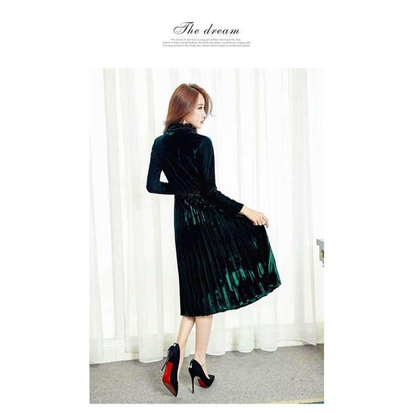 Planet Gates Autumn Winter Gold Velvet Party Events Dress Female Velours Vintage Turtlenck High Waist Pleated jurk vestido muje