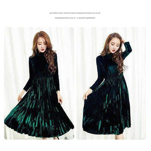 Planet Gates Autumn Winter Gold Velvet Party Events Dress Female Velours Vintage Turtlenck High Waist Pleated jurk vestido muje