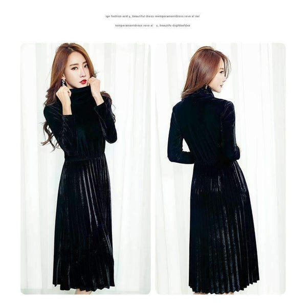 Planet Gates Autumn Winter Gold Velvet Party Events Dress Female Velours Vintage Turtlenck High Waist Pleated jurk vestido muje