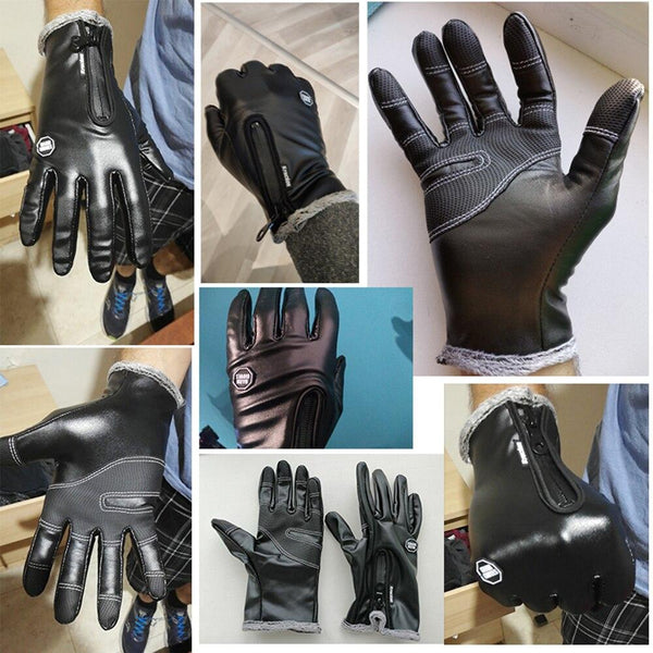 Planet Gates Autumn Winter Men Touch Screen Leather Gloves Waterproof Ladies Fashion Cool Black Velvet Warm Outdoor Windproof Non-Slip Gloves