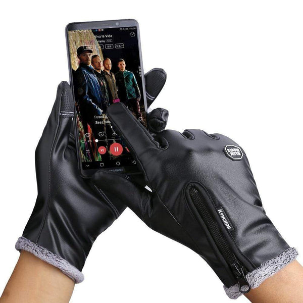 Planet Gates Autumn Winter Men Touch Screen Leather Gloves Waterproof Ladies Fashion Cool Black Velvet Warm Outdoor Windproof Non-Slip Gloves