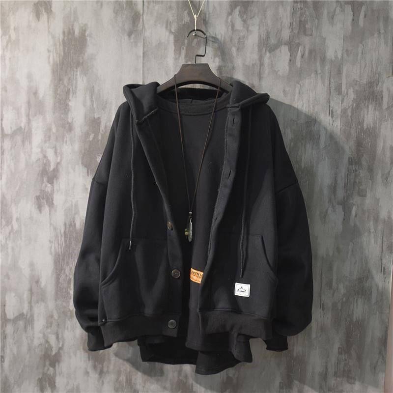 Planet Gates Autumn Winter New Sweatshirt Men's Loose Buttons Student Hoodies All-Match Plus Velvet Thick Casual Solid Color