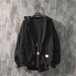 Planet Gates Autumn Winter New Sweatshirt Men's Loose Buttons Student Hoodies All-Match Plus Velvet Thick Casual Solid Color