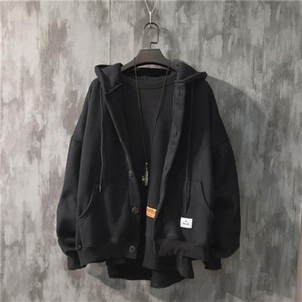 Planet Gates Autumn Winter New Sweatshirt Men's Loose Buttons Student Hoodies All-Match Plus Velvet Thick Casual Solid Color