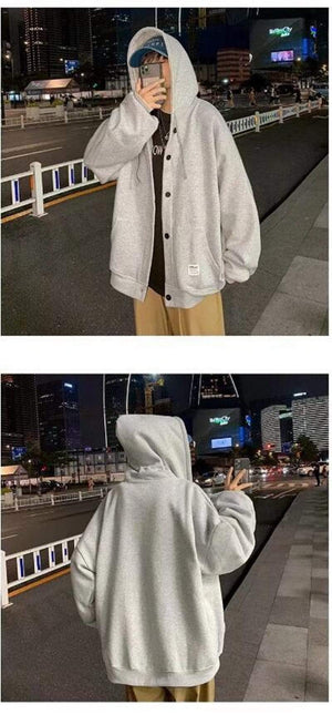 Planet Gates Autumn Winter New Sweatshirt Men's Loose Buttons Student Hoodies All-Match Plus Velvet Thick Casual Solid Color