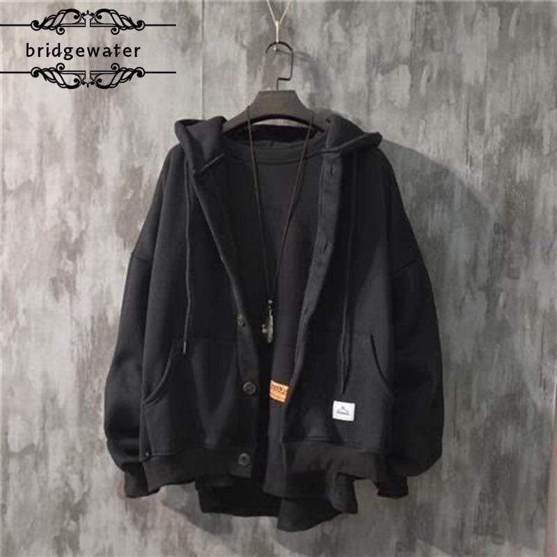 Planet Gates Autumn Winter New Sweatshirt Men's Loose Buttons Student Hoodies All-Match Plus Velvet Thick Casual Solid Color