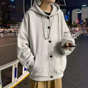 Planet Gates Autumn Winter New Sweatshirt Men's Loose Buttons Student Hoodies All-Match Plus Velvet Thick Casual Solid Color