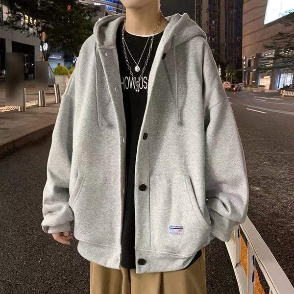 Planet Gates Autumn Winter New Sweatshirt Men's Loose Buttons Student Hoodies All-Match Plus Velvet Thick Casual Solid Color