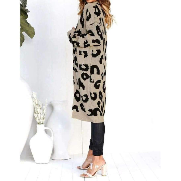 Planet Gates Autumn Winter Open Stitch Warm Cardigan Leopard Print Long Sleeve Sweater Knitted Female Fashion Long Sweaters Cardigans