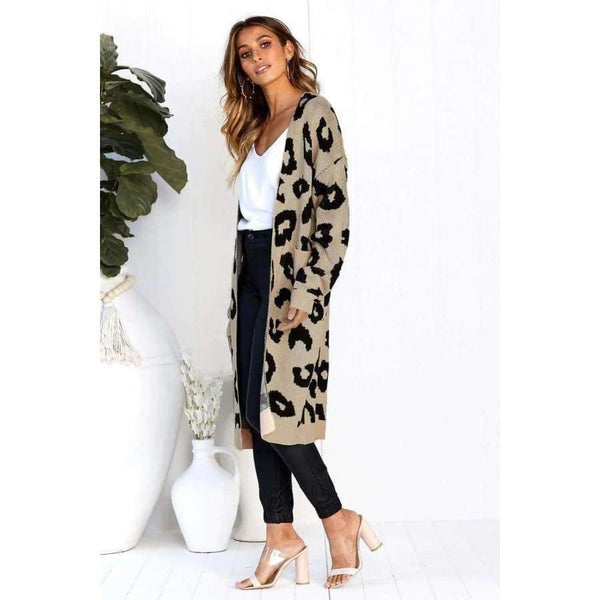 Planet Gates Autumn Winter Open Stitch Warm Cardigan Leopard Print Long Sleeve Sweater Knitted Female Fashion Long Sweaters Cardigans
