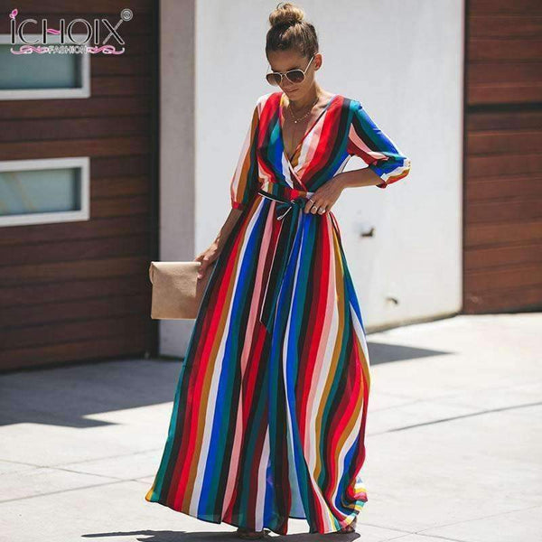 Planet Gates Autumn Women Long Party Dress Sexy V neck Colorful Striped Female Maxi Chiffon Dress Bandage Boho Floor Length Wrap Dresses