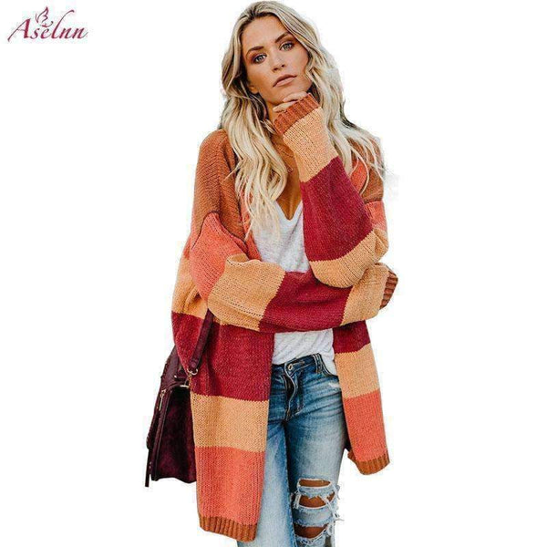 Planet Gates Autumn Women Rainbow Striped Cardigan Loose Long Knitted Sweater Casual Ladies Outwear Pulover Blusas De Inverno