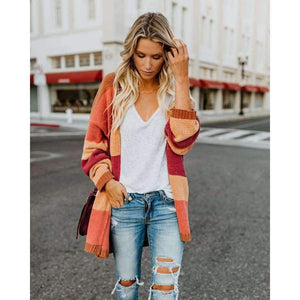 Planet Gates Autumn Women Rainbow Striped Cardigan Loose Long Knitted Sweater Casual Ladies Outwear Pulover Blusas De Inverno