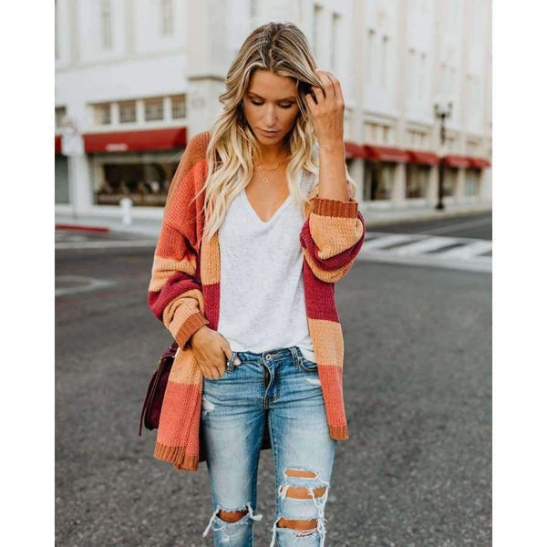 Planet Gates Autumn Women Rainbow Striped Cardigan Loose Long Knitted Sweater Casual Ladies Outwear Pulover Blusas De Inverno