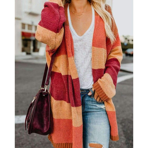 Planet Gates Autumn Women Rainbow Striped Cardigan Loose Long Knitted Sweater Casual Ladies Outwear Pulover Blusas De Inverno