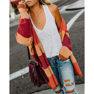 Planet Gates Autumn Women Rainbow Striped Cardigan Loose Long Knitted Sweater Casual Ladies Outwear Pulover Blusas De Inverno