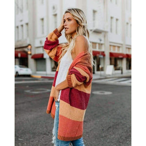 Planet Gates Autumn Women Rainbow Striped Cardigan Loose Long Knitted Sweater Casual Ladies Outwear Pulover Blusas De Inverno