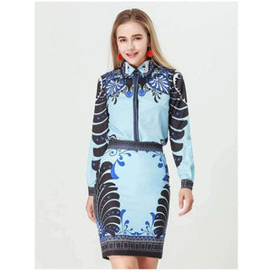 Planet Gates Autumn Women Set Light Blue and Black Patchwork Floral Geometric Print Shirt Tops + Skirt Vintage Design 2 Two Piece Set