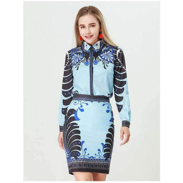 Planet Gates Autumn Women Set Light Blue and Black Patchwork Floral Geometric Print Shirt Tops + Skirt Vintage Design 2 Two Piece Set