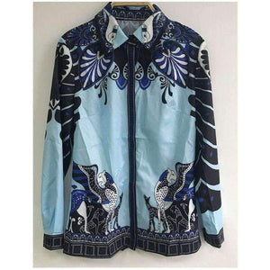 Planet Gates Autumn Women Set Light Blue and Black Patchwork Floral Geometric Print Shirt Tops + Skirt Vintage Design 2 Two Piece Set