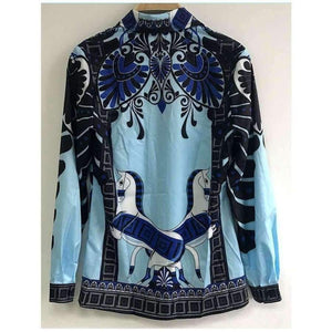 Planet Gates Autumn Women Set Light Blue and Black Patchwork Floral Geometric Print Shirt Tops + Skirt Vintage Design 2 Two Piece Set