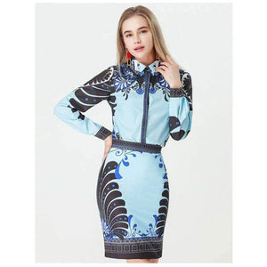 Planet Gates Autumn Women Set Light Blue and Black Patchwork Floral Geometric Print Shirt Tops + Skirt Vintage Design 2 Two Piece Set
