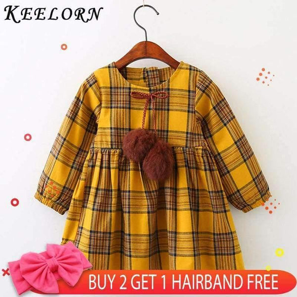 Girls Dress Autumn Winter Brand Girl Clothes Plaid Fur Ball Bow New Design Baby Girls Dress Girls Casual Dresses Kids - Planet Gates