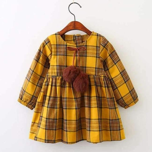 Planet Gates AZ1061 Yellow / 3T Girls Dress Autumn Winter Brand Girl Clothes Plaid Fur Ball Bow New Design Baby Girls Dress Girls Casual Dresses Kids