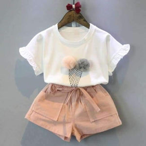 Planet Gates AZ1541 pink / 2T Girls Dress  Brand Kids Clothes White Cartoon Short Sleeve T-Shirt+Veil Dress 2Pcs baby girl clothes for 2-6Y