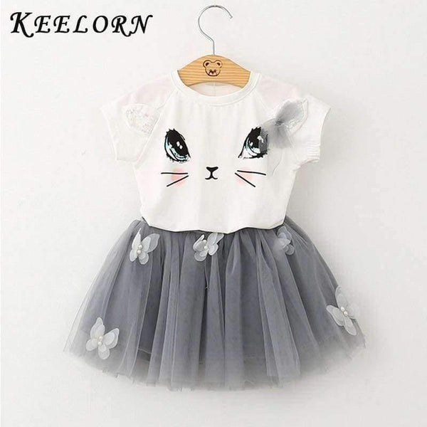 Planet Gates AZ236 white / 2T Girls Dress  Brand Kids Clothes White Cartoon Short Sleeve T-Shirt+Veil Dress 2Pcs baby girl clothes for 2-6Y
