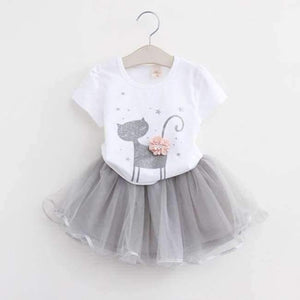 Planet Gates AZ236 white / 2T Girls Dress  Brand Kids Clothes White Cartoon Short Sleeve T-Shirt+Veil Dress 2Pcs baby girl clothes for 2-6Y