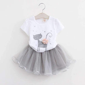 Planet Gates AZ236 white / 2T Girls Dress  Brand Kids Clothes White Cartoon Short Sleeve T-Shirt+Veil Dress 2Pcs baby girl clothes for 2-6Y