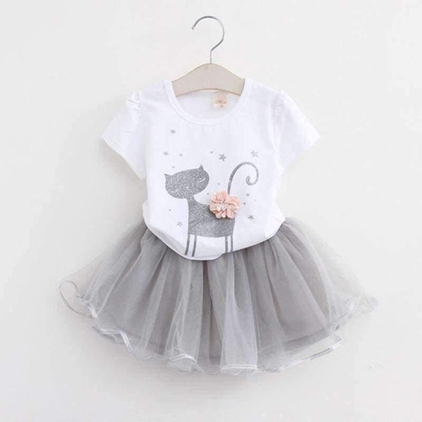 Planet Gates AZ236 white / 2T Girls Dress  Brand Kids Clothes White Cartoon Short Sleeve T-Shirt+Veil Dress 2Pcs baby girl clothes for 2-6Y