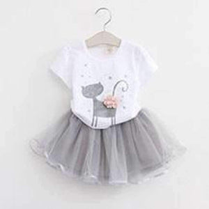 Planet Gates AZ236 white / 2T Girls Dress  Brand Kids Clothes White Cartoon Short Sleeve T-Shirt+Veil Dress 2Pcs baby girl clothes for 2-6Y