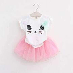 Planet Gates AZ236 white / 2T Girls Dress  Brand Kids Clothes White Cartoon Short Sleeve T-Shirt+Veil Dress 2Pcs baby girl clothes for 2-6Y