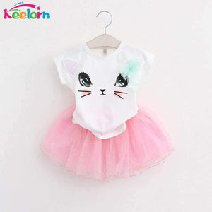 Planet Gates AZ236 white / 2T Girls Dress  Brand Kids Clothes White Cartoon Short Sleeve T-Shirt+Veil Dress 2Pcs baby girl clothes for 2-6Y