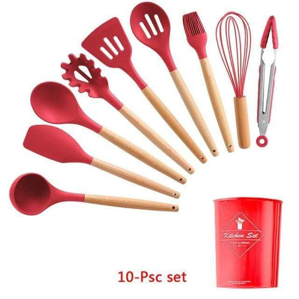 10/11/12/13 PCS Kitchen Utensils Set Red Cooking Utensils Set Silicone Kitchen Tools Gadgets Wooden Spatula Set with Holder box