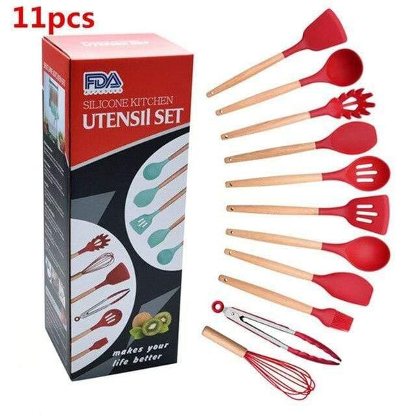 10/11/12/13 PCS Kitchen Utensils Set Red Cooking Utensils Set Silicone Kitchen Tools Gadgets Wooden Spatula Set with Holder box